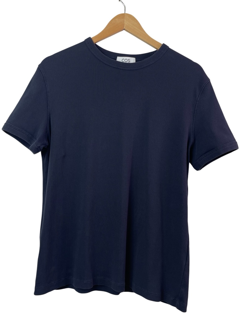 COS Women’s Navy Ribbed Knit Cotton Blend Short Sleeve Crewneck T-Shirt in Large